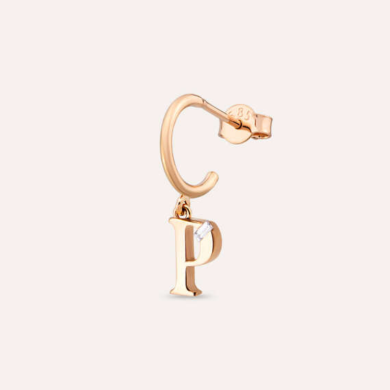 Baguette Cut Diamond Rose Gold P Letter Single Dangling Earring - 1