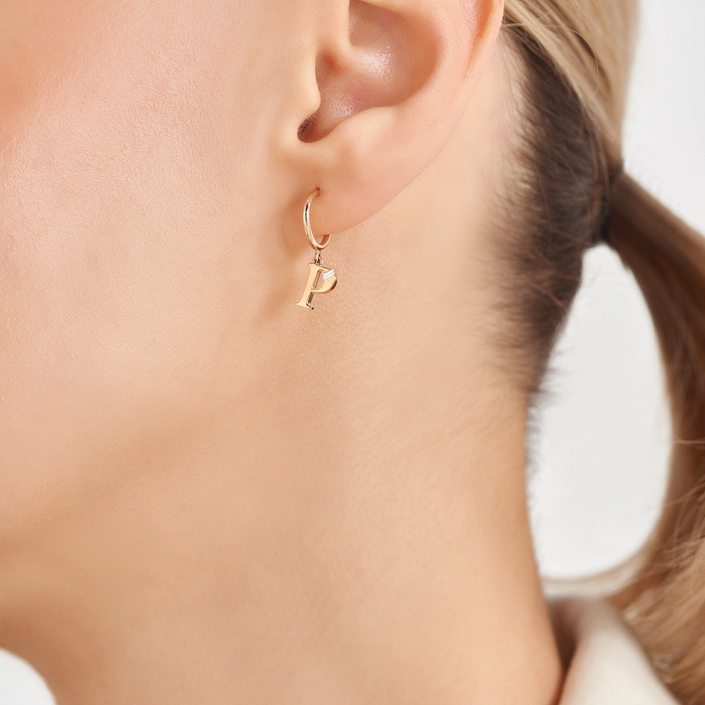 Baguette Cut Diamond Rose Gold P Letter Single Dangling Earring - 2