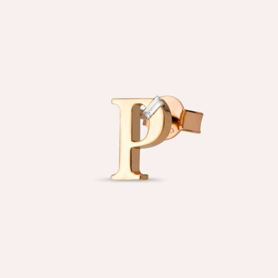Baguette Cut Diamond Rose Gold P Letter Single Earring - 1