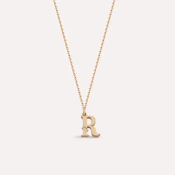Baguette Cut Diamond Rose Gold R Letter Necklace - 1