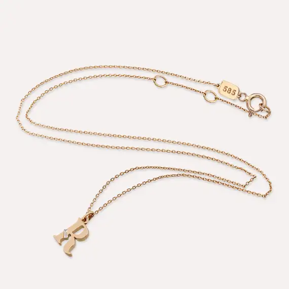 Baguette Cut Diamond Rose Gold R Letter Necklace - 3