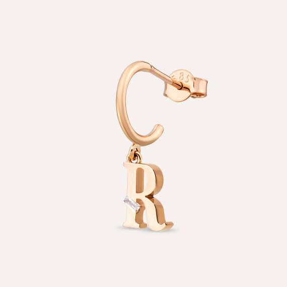 Baguette Cut Diamond Rose Gold R Letter Single Dangling Earring - 1