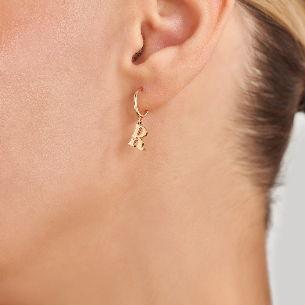 Baguette Cut Diamond Rose Gold R Letter Single Dangling Earring - 2