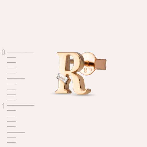 Baguette Cut Diamond Rose Gold R Letter Single Earring - 2