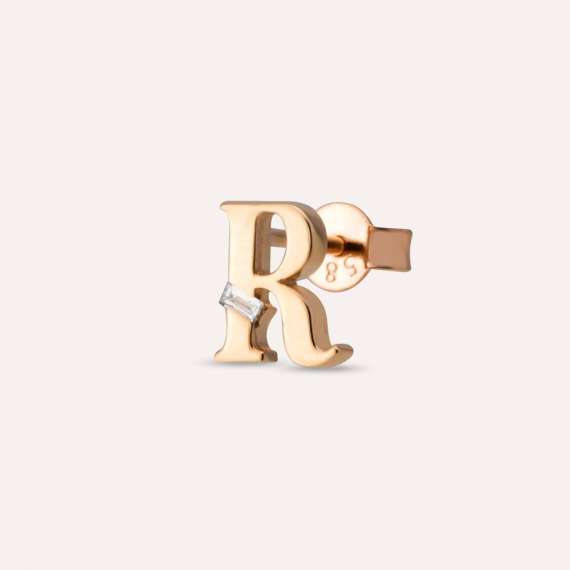 Baguette Cut Diamond Rose Gold R Letter Single Earring - 1