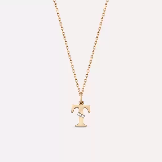 Baguette Cut Diamond Rose Gold T Letter Necklace - 1