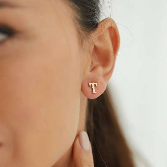 Baguette Cut Diamond Rose Gold T Letter Single Earring - 2
