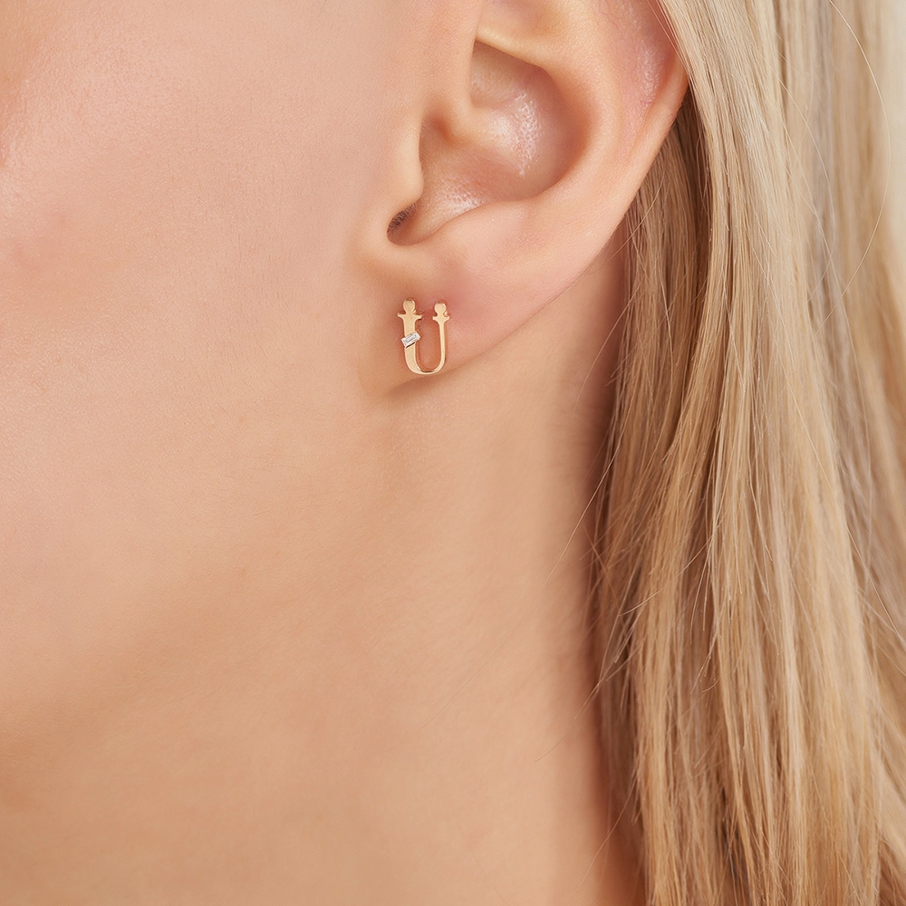 Baguette Cut Diamond Rose Gold Ü Letter Single Earring - 2