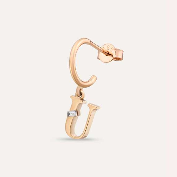 Baguette Cut Diamond Rose Gold U Letter Single Dangling Earring - 1