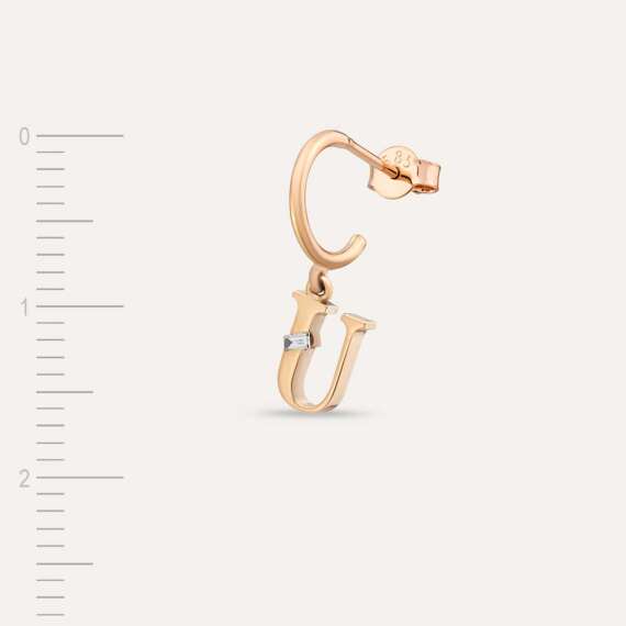 Baguette Cut Diamond Rose Gold U Letter Single Dangling Earring - 3
