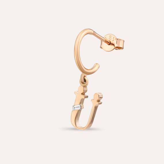 Baguette Cut Diamond Rose Gold Ü Letter Single Dangling Earring - 1