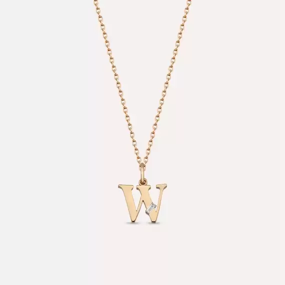 Baguette Cut Diamond Rose Gold W Letter Necklace - 1