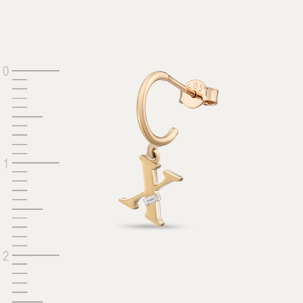 Baguette Cut Diamond Rose Gold X Letter Single Dangling Earring - 3