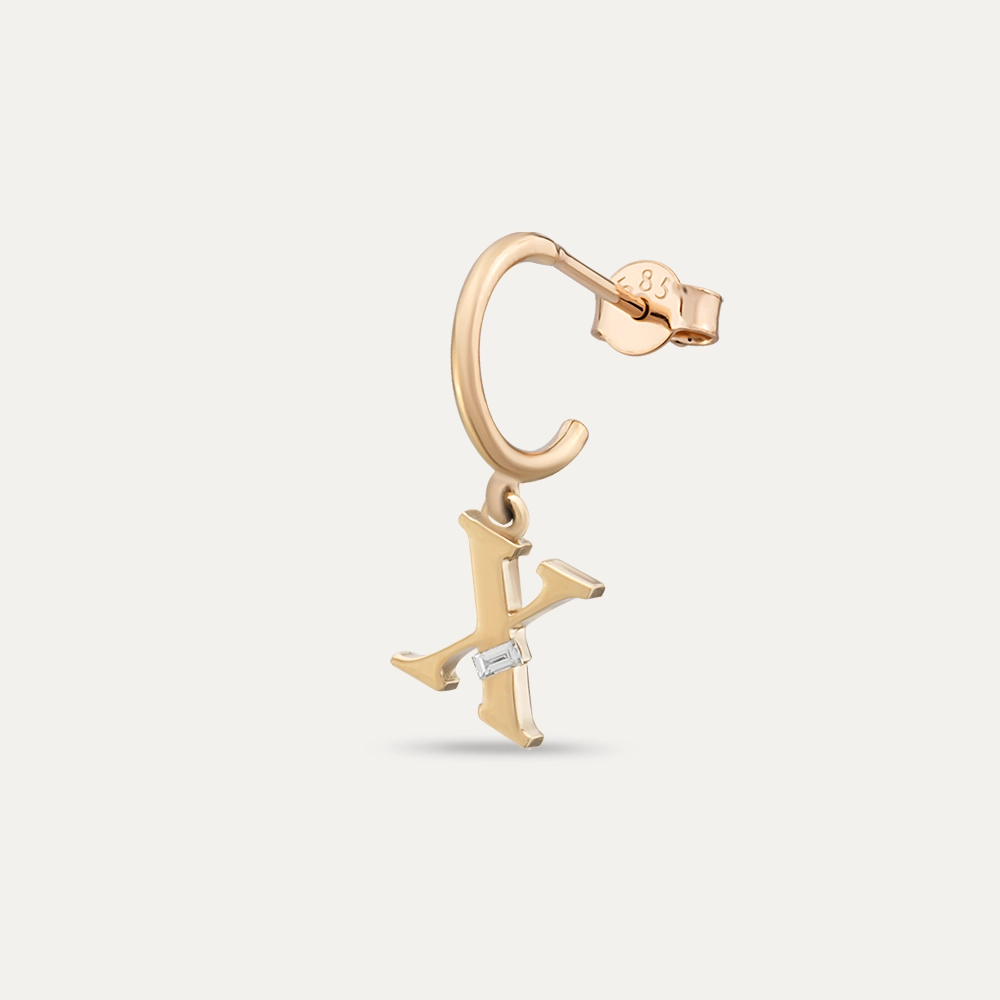 Baguette Cut Diamond Rose Gold X Letter Single Dangling Earring - 1
