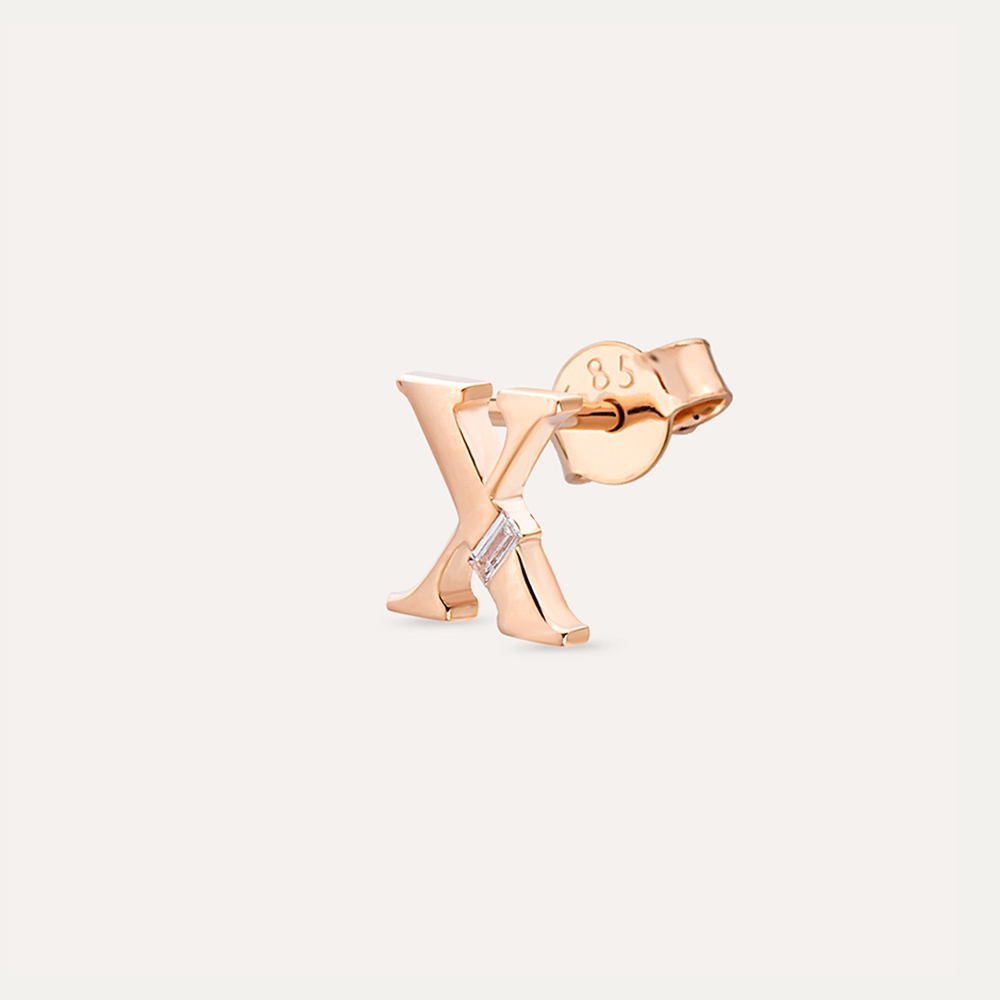 Baguette Cut Diamond Rose Gold X Letter Single Earring - 1