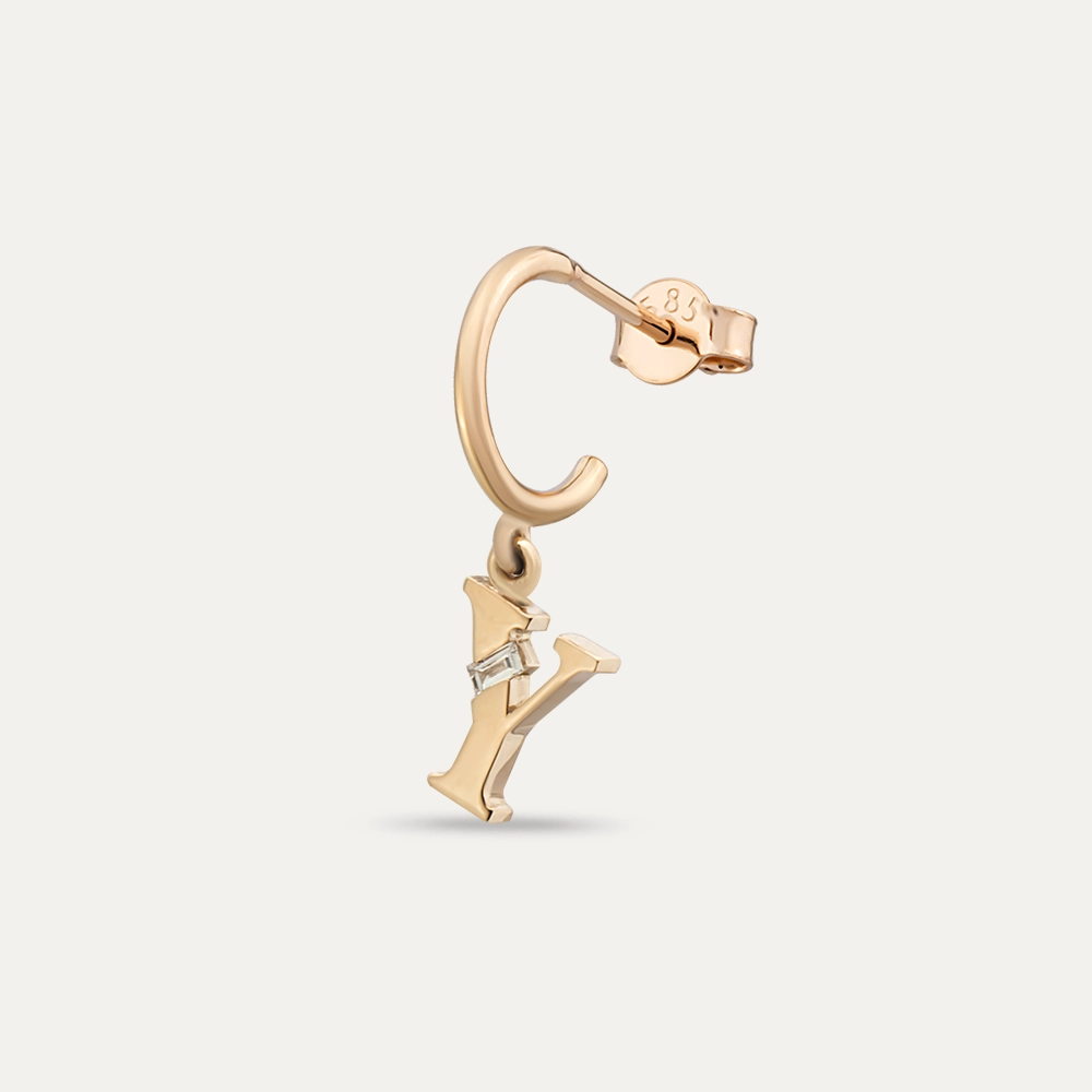 Baguette Cut Diamond Rose Gold Y Letter Single Dangling Earring - 1