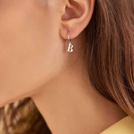 Baguette Cut Diamond White Gold B Letter Single Dangling Earring - 2