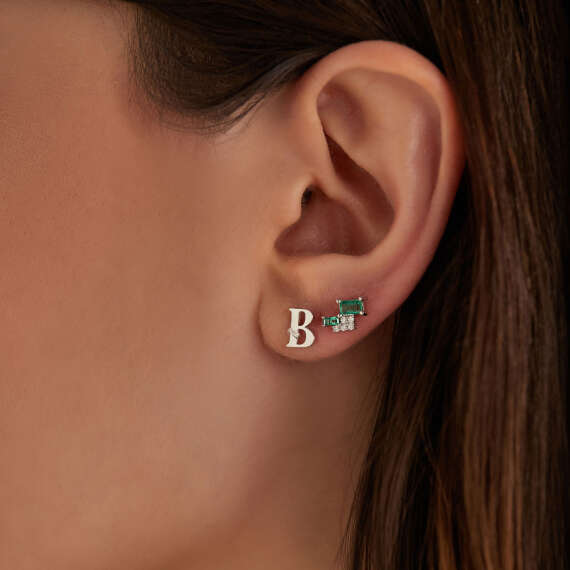 Baguette Cut Diamond White Gold B Letter Single Earring - 2
