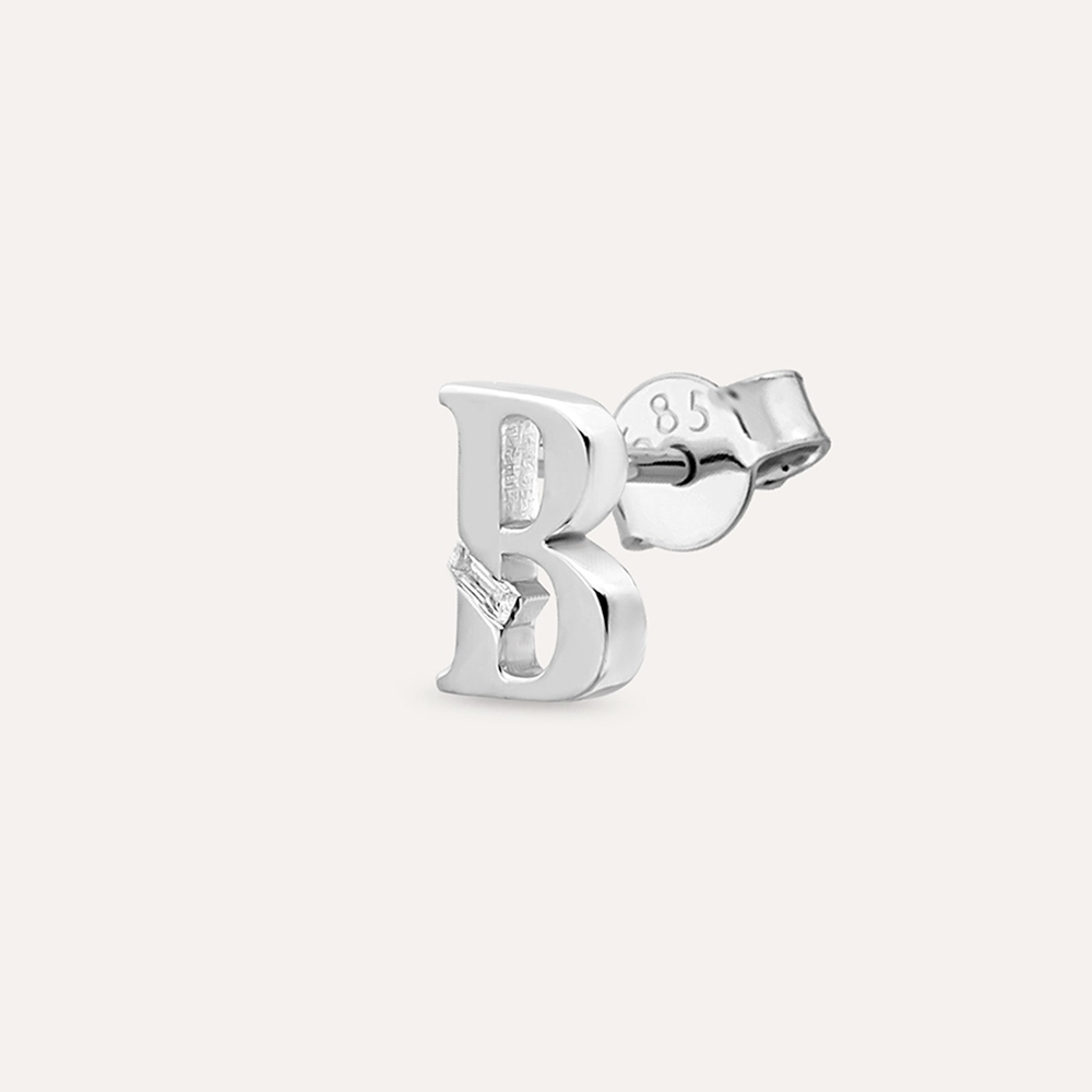 Baguette Cut Diamond White Gold B Letter Single Earring - 1