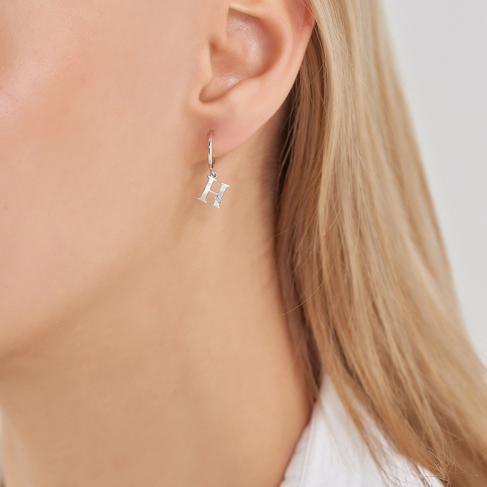 Baguette Cut Diamond White Gold H Letter Single Dangling Earring - 2