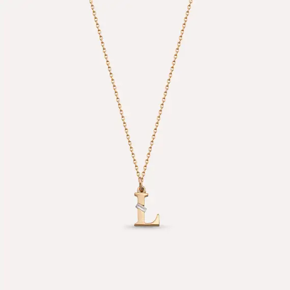 Baguette Cut Diamond Rose Gold L Letter Necklace - 1