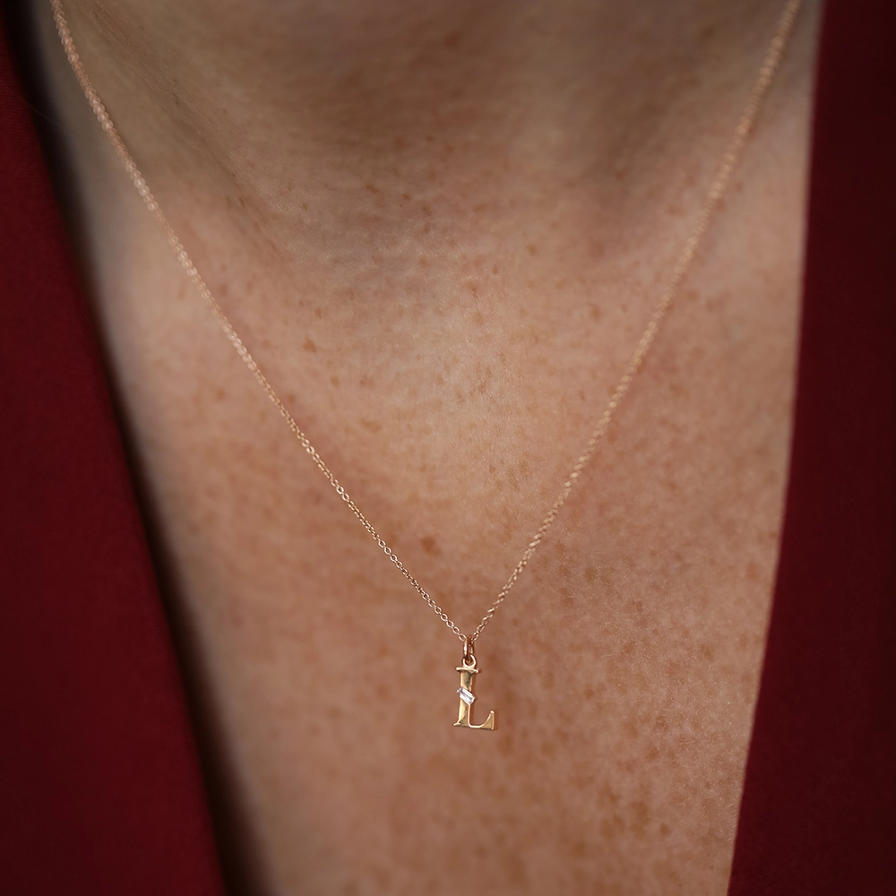 Baguette Cut Diamond Rose Gold L Letter Necklace - 3