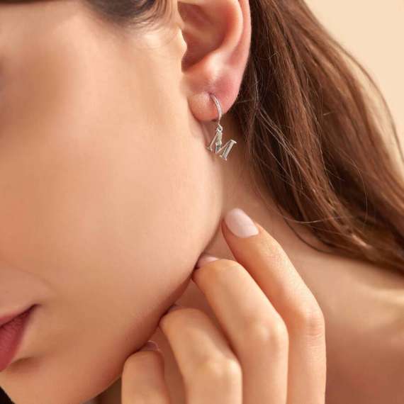 Baguette Cut Diamond White Gold M Letter Single Dangling Earring - 2