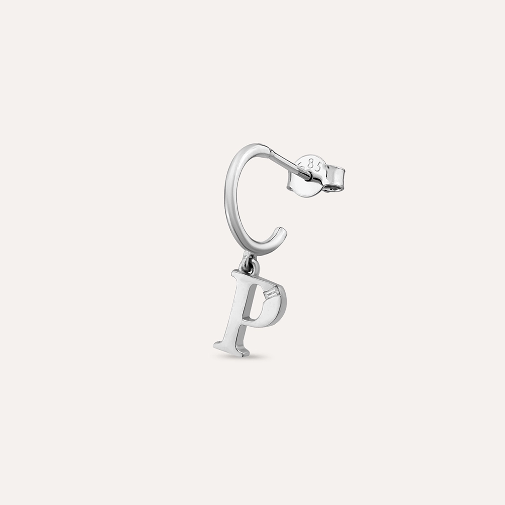 Baguette Cut Diamond White Gold P Letter Single Dangling Earring - 1
