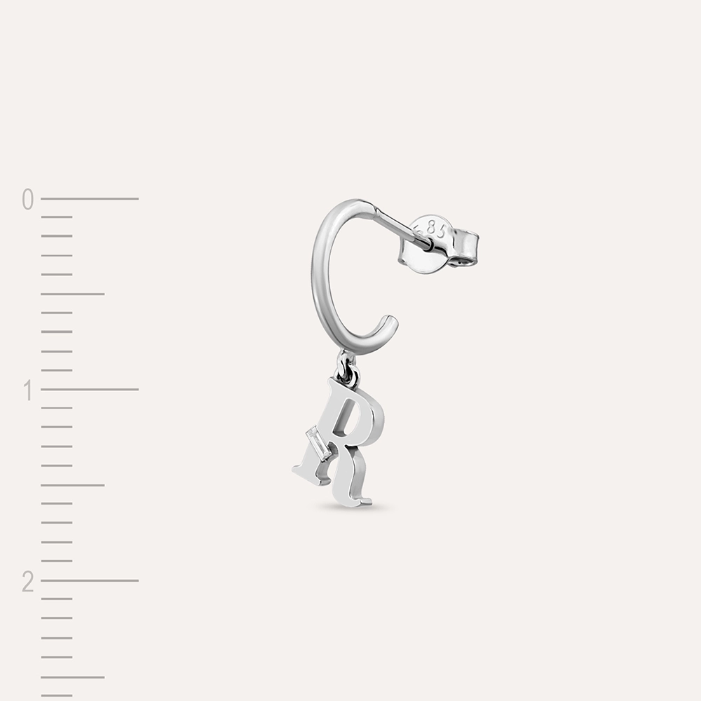 Baguette Cut Diamond White Gold R Letter Single Dangling Earring - 3