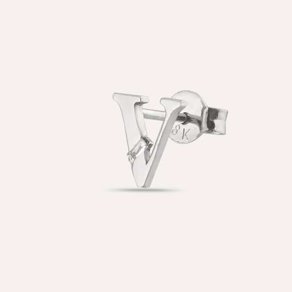 Baguette Cut Diamond White Gold V Letter Single Earring - 1