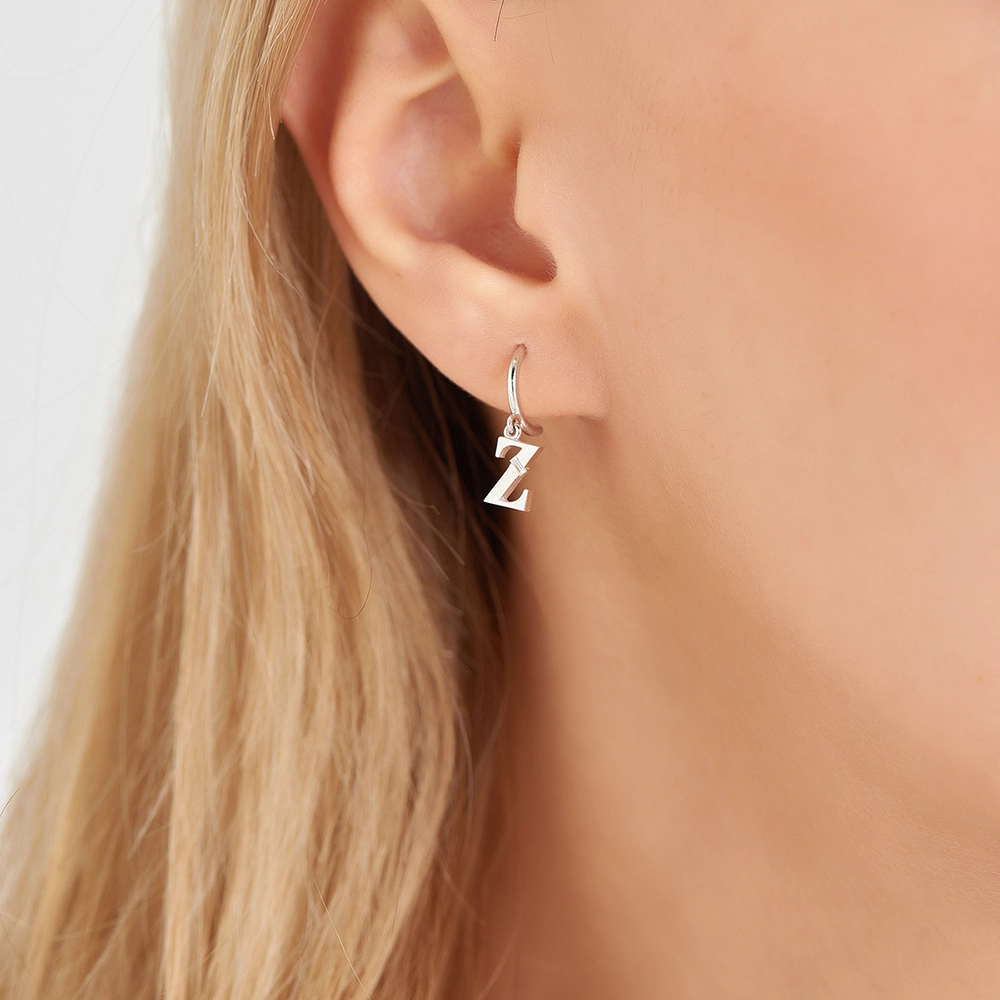 Baguette Cut Diamond White Gold Z Letter Single Dangling Earring - 2