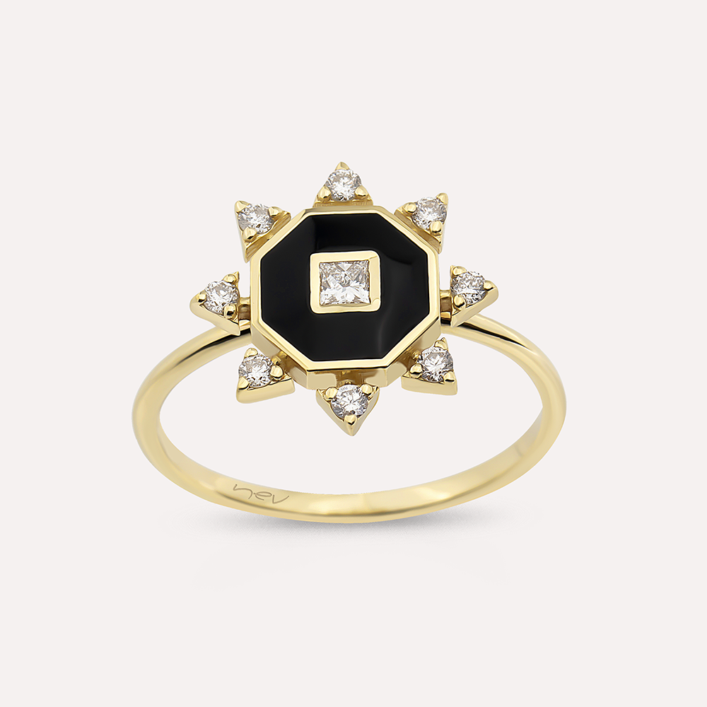 Bellatrix Diamond and Black Enamel Yellow Gold Ring - 1
