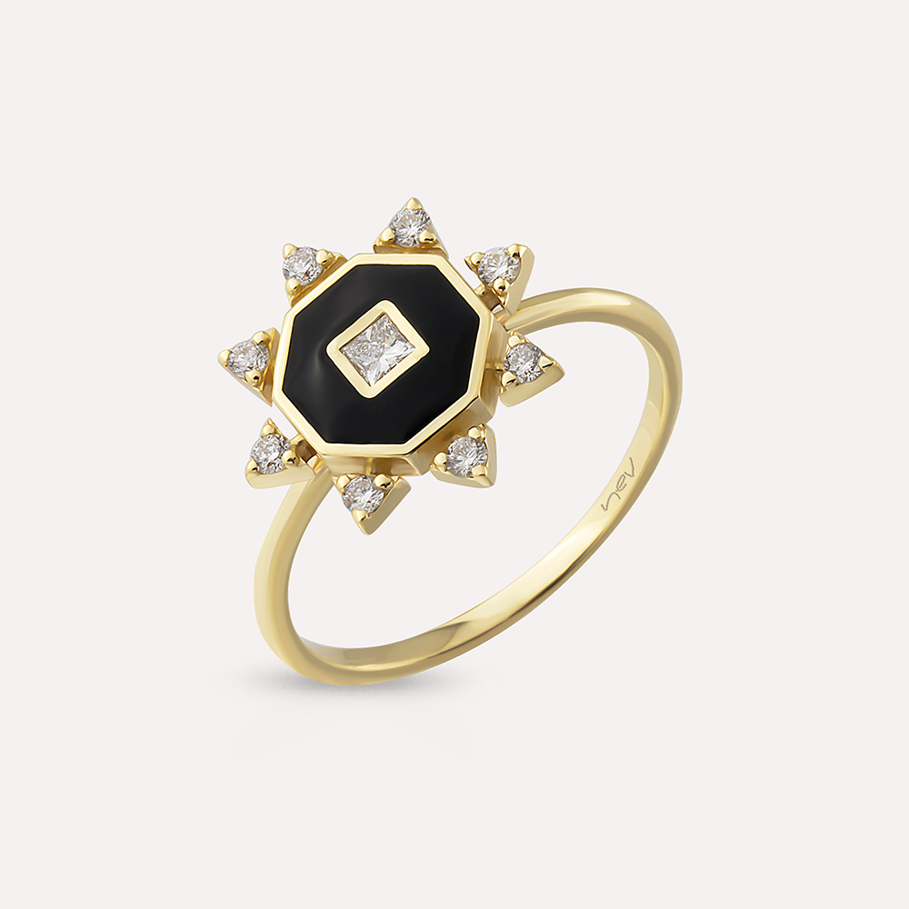 Bellatrix Diamond and Black Enamel Yellow Gold Ring - 4