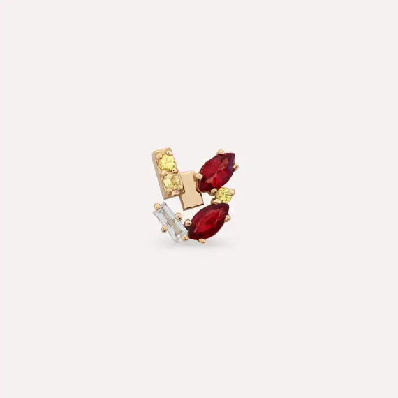 Berry Red Sapphire and Baguette Cut Diamond Rose Gold Single Earring - 3