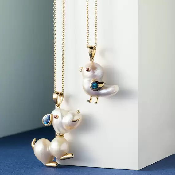 Bird Natural Pearl and Opal Yellow Gold Necklace - 3