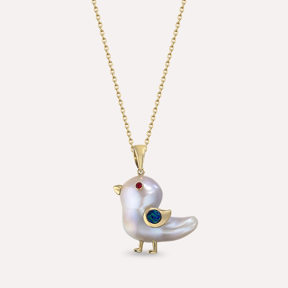 Bird Natural Pearl and Opal Yellow Gold Necklace - 1