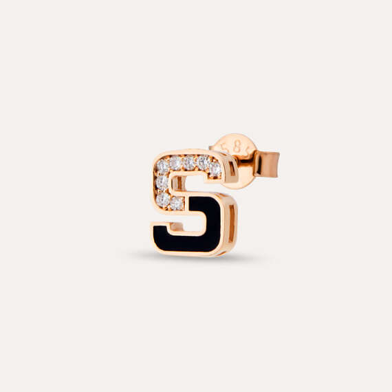 Black Enamel and Diamond S Letter Single Earring - 1