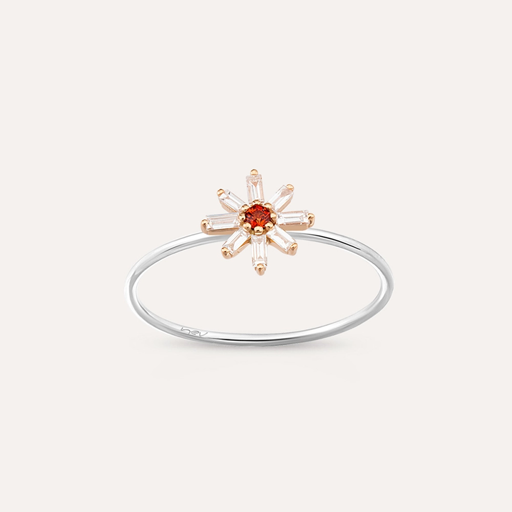 Blossom 0.19 CT Red Sapphire and Baguette Cut Diamond Ring