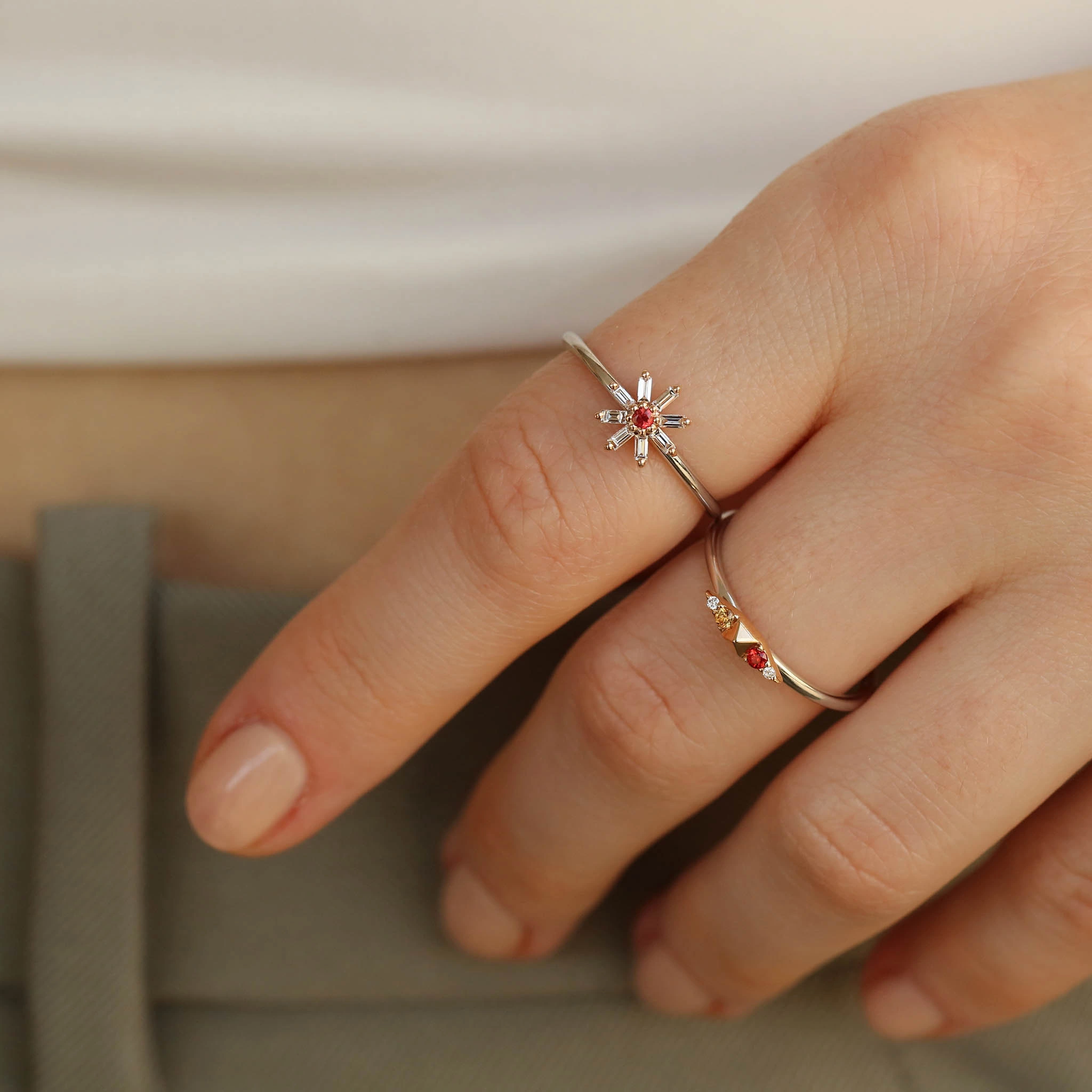 Blossom 0.19 CT Red Sapphire and Baguette Cut Diamond Ring