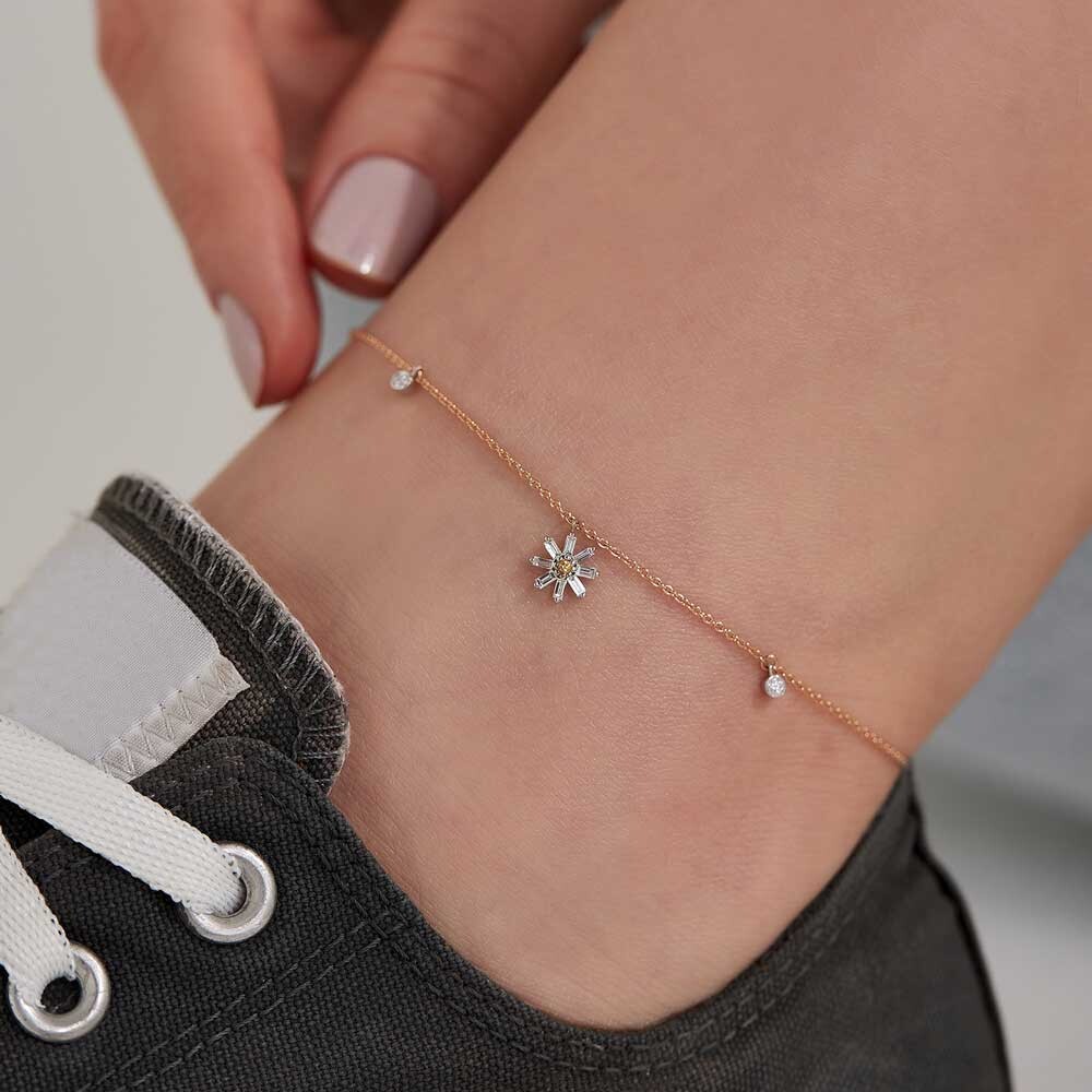 Blossom 0.25 CT Orange Sapphire and Baguette Cut Diamond Rose Gold Anklet