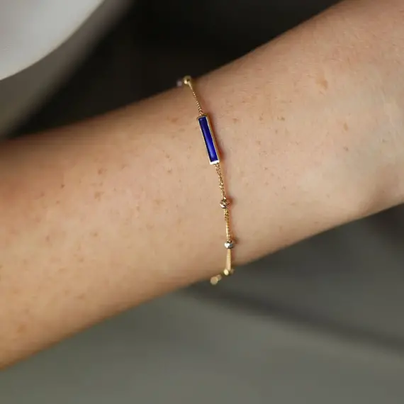 Blue and Pearl Enamel Dorica Detailed Yellow Gold Bracelet - 1