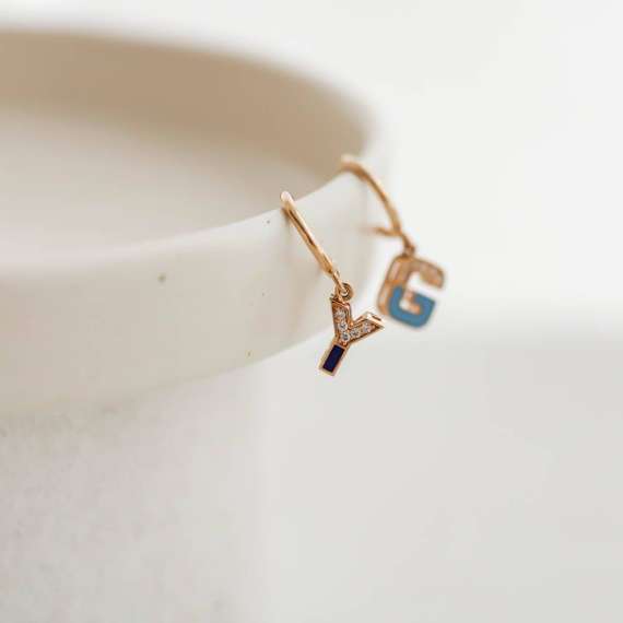 Blue Enamel and Diamond G Letter Single Dangling Earring - 4