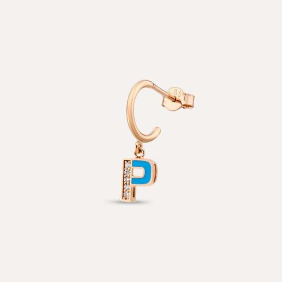 Blue Enamel and Diamond P Letter Single Dangling Earring - 1