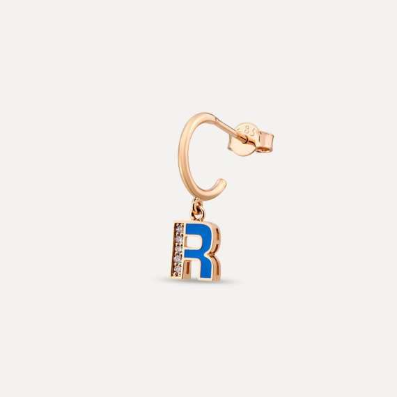 Blue Enamel and Diamond R Letter Single Dangling Earring - 1