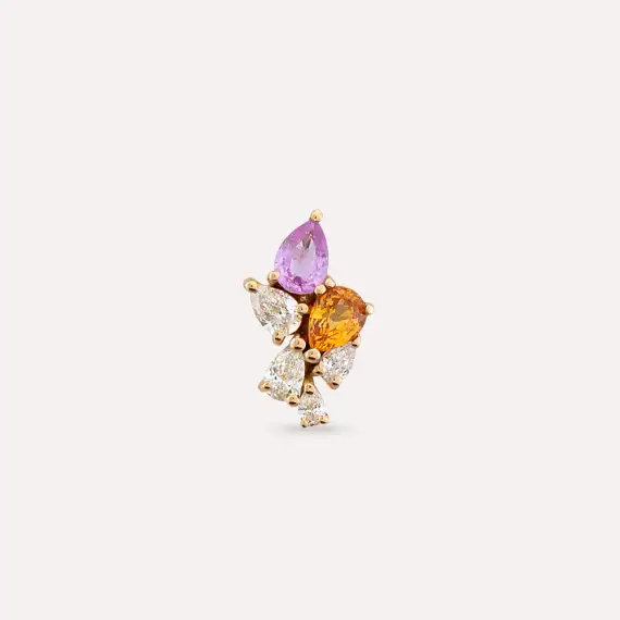 Bunch 0.58 CT Pırlanta ve Multicolor Safir Taşlı Rose Altın Tek Küpe - 3