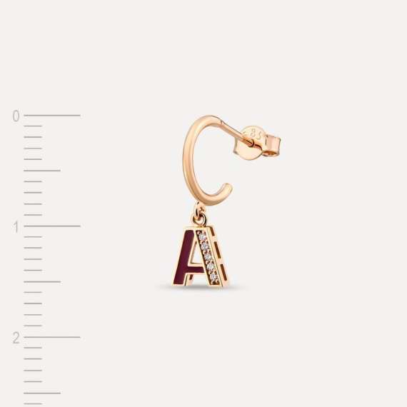 Burgundy Enamel and Diamond A Letter Single Dangling Earring - 3