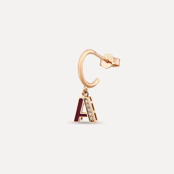 Burgundy Enamel and Diamond A Letter Single Dangling Earring - 1