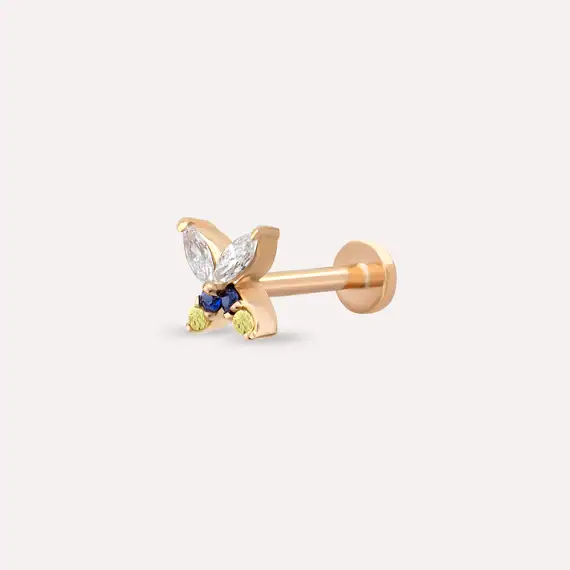 Butterfly Yellow, Blue Safir ve Pırlanta Taşlı Rose Altın Piercing - 1