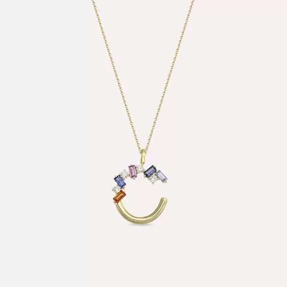 C Letter 1.80 CT Multicolor Sapphire and Diamond Yellow Gold Necklace - 1