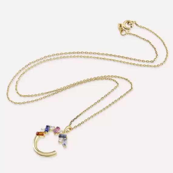 C Letter 1.80 CT Multicolor Sapphire and Diamond Yellow Gold Necklace - 3